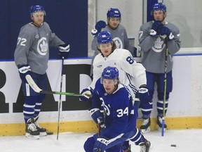 Maple Leafs centre Auston Matthews carries the puck at practice on Tuesday. Mathews says this is going to be a tough season, with the condensed schedule and Toronto playing in the all-Canadian North Division.