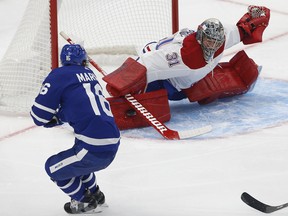 Montreal Canadiens Carey Price G (31) stops Toronto Maple Leafs Mitch Marner RW (16) point blank with a big pad save during first period action in Toronto on Wednesday January 13, 2021. Jack Boland/Toronto Sun/Postmedia Network