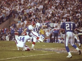Buffalo Bills kicker Scott Norwood makes his infamous wide-right kick in Super Bowl XXV in 1991 versus the New York Giants. The Bills lost 20-19. POSTMEDIA NETWORK FILES
