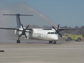A Porter plane lands at Sault Ste. Marie airport prior to the pandemic. Porter has remained grounded.