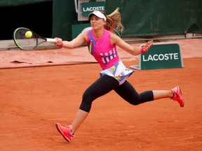 Spain's Paula Badosa in action during her match against Germany's Laura Siegemund at the French Open in Paris, Oct. 5, 2020.