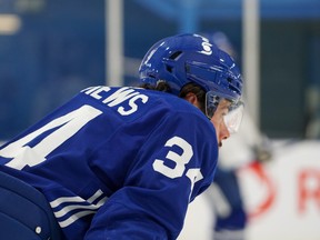 Auston Matthews takes a breather during a Maple Leafs training camp workout in Etobicoke.