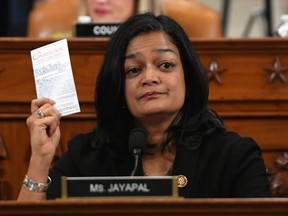 In this file photo Democratic Representative Pramila Jayapal votes during the House Judiciary Committee's vote on House Resolution 755, Articles of Impeachment Against President Donald Trump, on Capitol Hill in Washington, D.C., Dec. 13, 2019.