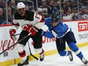 New Maple Leafs winger Wayne Simmonds skates last season against Winnipeg.
