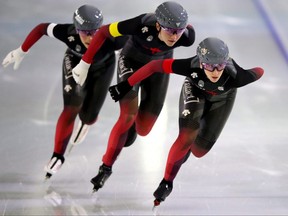 Valerie Maltais, Ivanie Blondin and Isabelle Weidemann of Canada compete in the Team Pursuit Women during the ISU World Cup Speed Skating at Thialf Stadium on Jan. 22, 2021 in Heerenveen, Netherlands.