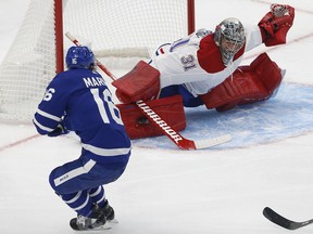 Montreal Canadiens Carey Price G (31) stops Toronto Maple Leafs Mitch Marner RW (16) point blank with a big pad save during first period action in Toronto on Wednesday January 13, 2021. Jack Boland/Toronto Sun/Postmedia Network