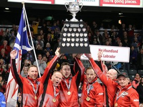 The Newfoundland and Labrador team, skipped by Brad Gushue, lifts the Brier Tankard after winning the 2020 Tim Hortons Brier in Kingston on March 8, 2020. The 2021 edition of the Brier will be much different in the Calgary bubble.