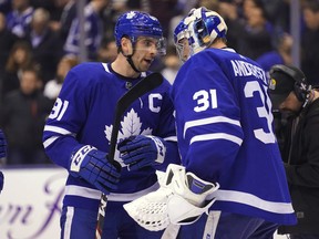 There will be a sense of urgency for the Maple Leafs to make a deep playoff run this season from player such as John Tavares (left) and Frederik Andersen who aren't getting any younger.
