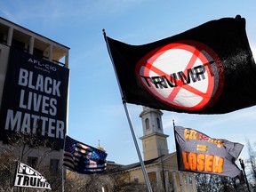 Anti-Trump flags are seen at Black Lives Matter plaza outside the White House in Washington, U.S., January 9, 2021.