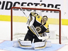 Tuukka Rask of the Boston Bruins stops a shot against the Carolina Hurricanes during the NHL Stanley Cup Playoffs at Scotiabank Arena on August 13, 2020 in Toronto.
