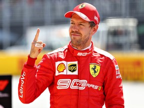 Sebastian Vettel of Ferrari celebrates during qualifying for the F1 Grand Prix of Canada at Circuit Gilles Villeneuve on June 8, 2019 in Montreal.
