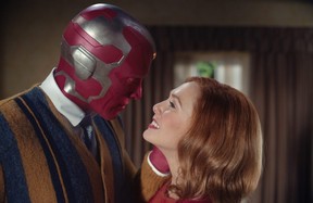 Paul Bettany as Vision and Elizabeth Olsen as Wanda Maximoff in Marvel Studios’ WandaVision.