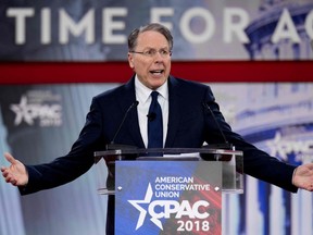 The National Rifle Association's Executive Vice President and CEO Wayne LaPierre speaks during the 2018 Conservative Political Action Conference at National Harbor in Oxen Hill, Maryland, Feb. 22, 2018.