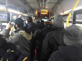 The view from the back of a packed TTC bus on Jan. 25, 2021.