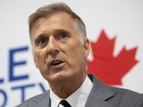 People's Party of Canada Leader Maxime Bernier responds to a question during a news conference in Ottawa, Monday August 24, 2020.