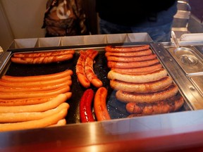 Sausages, also known as "French hot dogs" are seen at a sausage stand in Copenhagen, Denmark January 18, 2021.