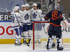 Maple Leafs forward William Nylander (88) celebrate a first period goal against the Edmonton Oilers at Rogers Place. The Leafs held on to win 4-3.