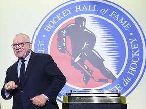 Hockey Hall of Fame inductee Jim Rutherford shows off his ring in Toronto on Friday, November 15, 2019.