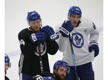 Toronto Maple Leafs Morgan Rielly D (44) and  Ilya Mikheyev RW (65) during a break in the action at practice in Toronto on Tuesday January 12, 2021. Jack Boland/Toronto Sun/Postmedia Network