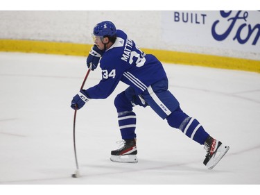 Toronto Maple Leafs Auston Matthews C (34) leans into a shot at practice in Toronto on Tuesday January 12, 2021. Jack Boland/Toronto Sun/Postmedia Network