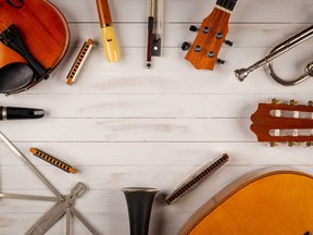 Musical instruments are arranged in a circle.
