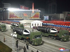Military equipment is seen during a parade to commemorate the 8th Congress of the Workers' Party in Pyongyang, North Korea January 14, 2021.