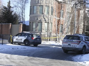 Toronto Police continued to secure the scene of a deadly double shooting a night earlier on Mathersfield Dr. on Saturday, Jan. 30, 2021.