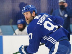 Joe Thornton was in a good mood yesterday, taking the ice with his teammates at Maple Leafs camp. General manager Kyle Dubas (inset) brought Thornton in to provide leadership and a winning attitude.