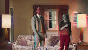Paul Bettany as Vision and Elizabeth Olsen as Wanda Maximoff in WandaVision.
