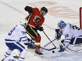 Calgary Flames Matthew Tkachuk’s shot is saved by Toronto Maple Leafs Goalie Jack Campbell during the third period in Saddledome on Sunday, January 24, 2021. Campbell was hurt when Tkachuk fell on him in the crease area late in the game.