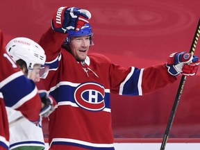 Tyler Toffoli #73 of the Montreal Canadiens celebrates his goal against the Vancouver Canucks during the second period at the Bell Centre on February 2, 2021 in Montreal.