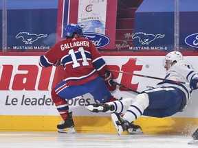 Brendan Gallagher of the Montreal Canadiens, taking down Leafs' Zach Hyman at the Bell Centre on Feb. 10, hopes his team will be able to take advantage of several days off when it meets its long-time rival for the fourth time this season.