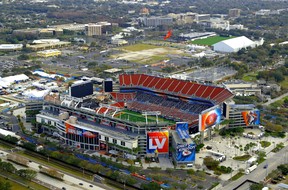 An aerial view of Raymond James Stadium ahead of Super Bowl LV on January 31, 2021 in Tampa.