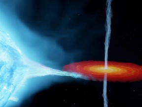 An artist's impression of the Cygnus X-1 system, with a so-called stellar-mass black hole orbiting a companion star some 7,200 light years from Earth.