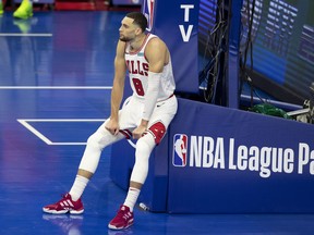 Chicago Bulls' Zach LaVine looks on against the Philadelphia 76ers earlier this month.