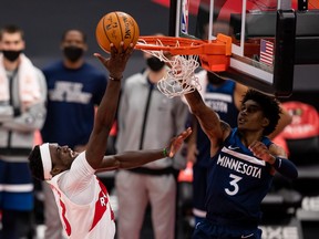 Raptors forward Pascal Siakam attempts to make a layup during the fourth quarter during a loss against the lowyl Timberwolves on Sunday.