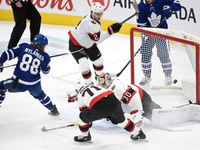 Maple Leafs' William Nylander beats Ottawa Senators goalie Matt Murray for a goal in the second period at Scotiabank Arena on Thursday, Feb. 18, 2021.