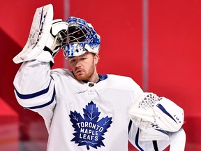 Maple Leafs goaltender Frederik Andersen (31) puts back his helmet during the second period against Montreal Canadiens at Bell Centre on Saturday.