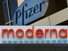This combination of pictures shows a sign for Pfizer pharmaceutical company and the Moderna headquarters.