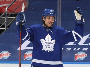 Auston Matthews is all smiles after a goal against the Ottawa Senators during a game at Scotiabank Arena on Feb. 17, 2021 in Toronto.