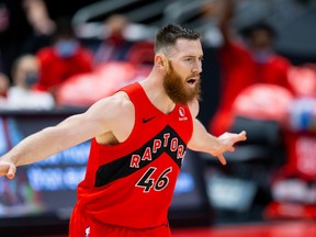 Raptors centre Aron Baynes failed to pull down one rebound in a loss to Atlanta on Saturday night.