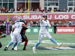 McLeod Bethel-Thompson of the Toronto Argonauts makes a pass against the Ottawa Redblacks   during a CFL game at TD Place on Sept. 7, 2019, in Ottawa.