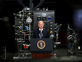 President Joe Biden speaks after a tour of a Pfizer manufacturing plant producing the coronavirus vaccine in Kalamazoo, Michigan, February 19, 2021.