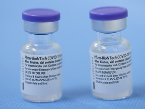 Vials of the Pfizer-BioNTech vaccine are pictured in a vaccination centre in Geneva, Switzerland, February 3, 2021.