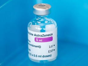 A vial of the Oxford-AstraZeneca COVID-19 vaccine is seen at Basingstoke Fire Station, in Basingstoke, Britain February 4, 2021.