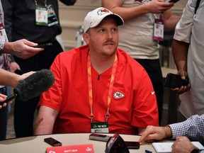 Chiefs linebackers coach Britt Reid speaks to the media during a media availability prior to Super Bowl LIV at the JW Marriott Turnberry in Aventura, Fla., Jan. 29, 2020.