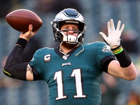 Carson Wentz of the Philadelphia Eagles warms up prior to their game against the Seattle Seattle in the NFC Wild Card Playoff at Lincoln Financial Field on Jan. 5, 2020 in Philadelphia.