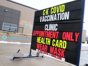 A sign outside the Chatham-Kent COVID-19 vaccination clinic at the John D. Bradley Centre in Chatham, on, Feb. 22, 2021.