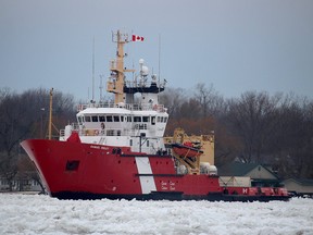 CCGS Samuel Risley works to break up an ice jam that formed earlier this month on the St. Clair River near Port Lambton, Ont.
