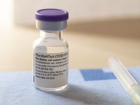 The first Pfizer-BioNTech COVID-19 vaccine dose in Canada sits ready for use in Toronto on Dec. 14, 2020.